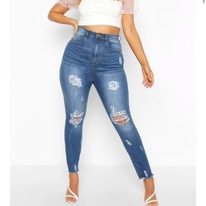 Plus Washed Distressed Hem Mom Jean
